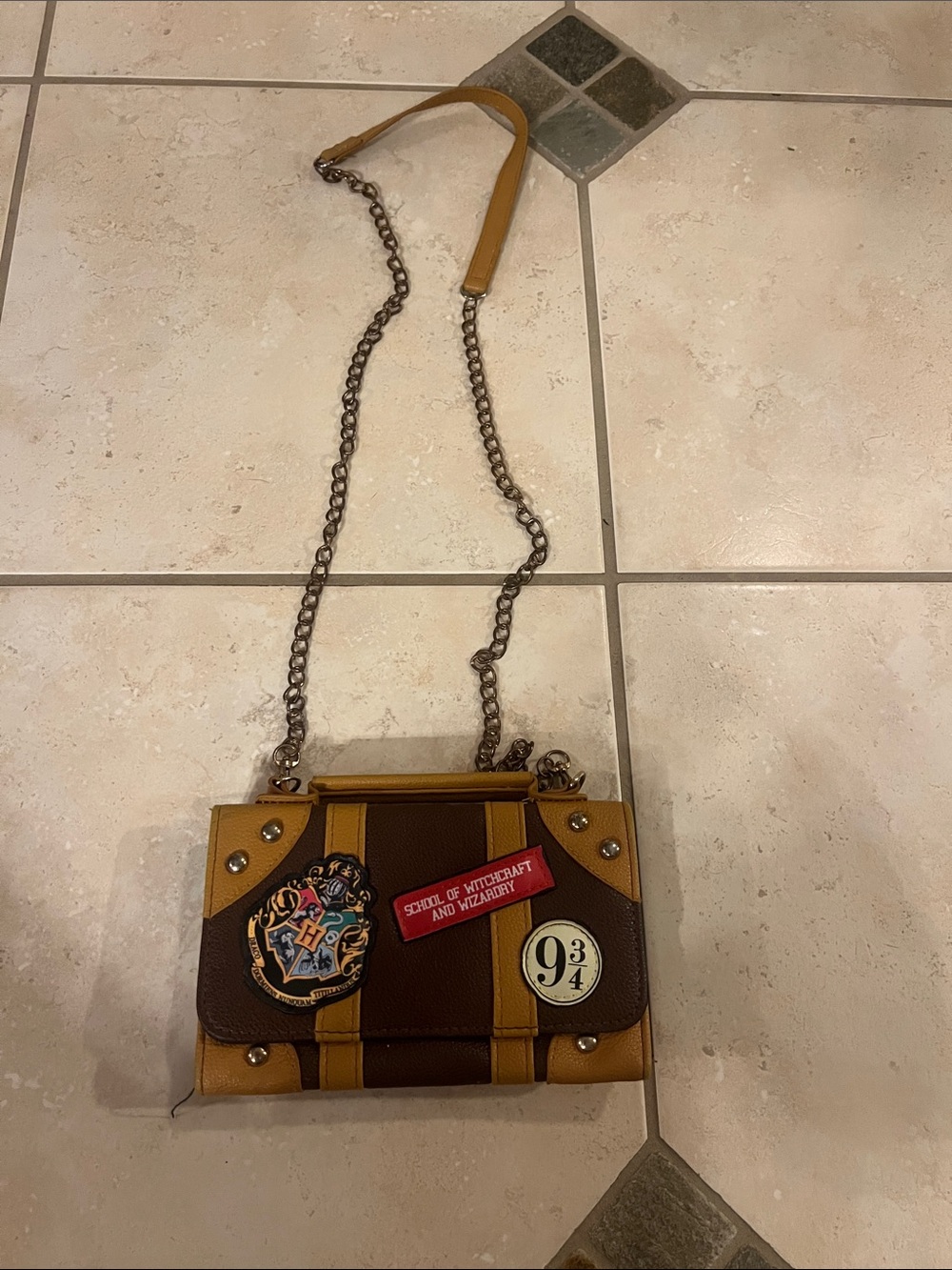 Yellow and Brown Patch-Accent Women's Crossbody Bag